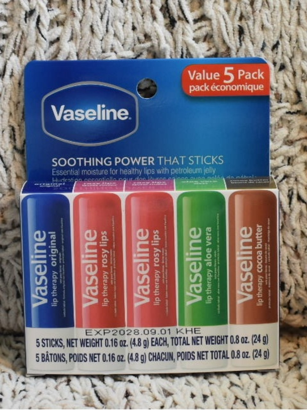 Vaseline Lip Therapy 5-Pack – Neutral, Pink, Red, Green & Brown Tints